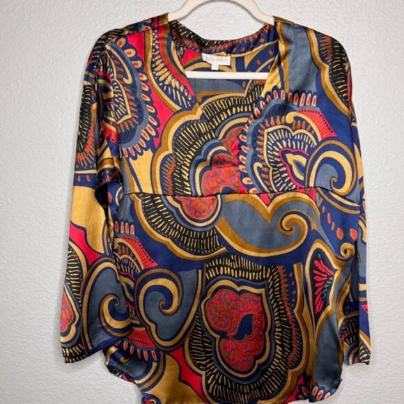 Julie Miles Art Deco Aztec Festival Silky Blouse Top Medium - Picture 1 of 13